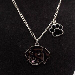 Handmade Silvertone & Enamel Black Lab Dog and Paw Print Necklace, New